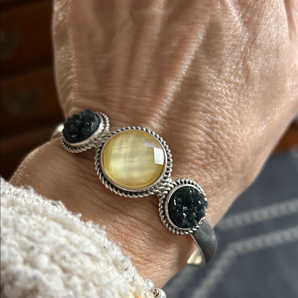 Lucky  Brand silver tone black and yellow stone cuff bracelet.